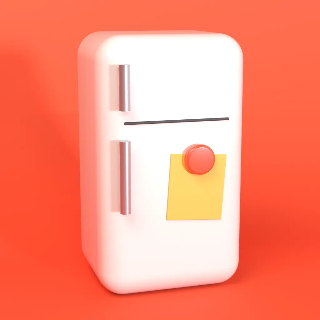 The Fridgedoor app icon: a small white fridge with a note and a magnet, on persimmon.