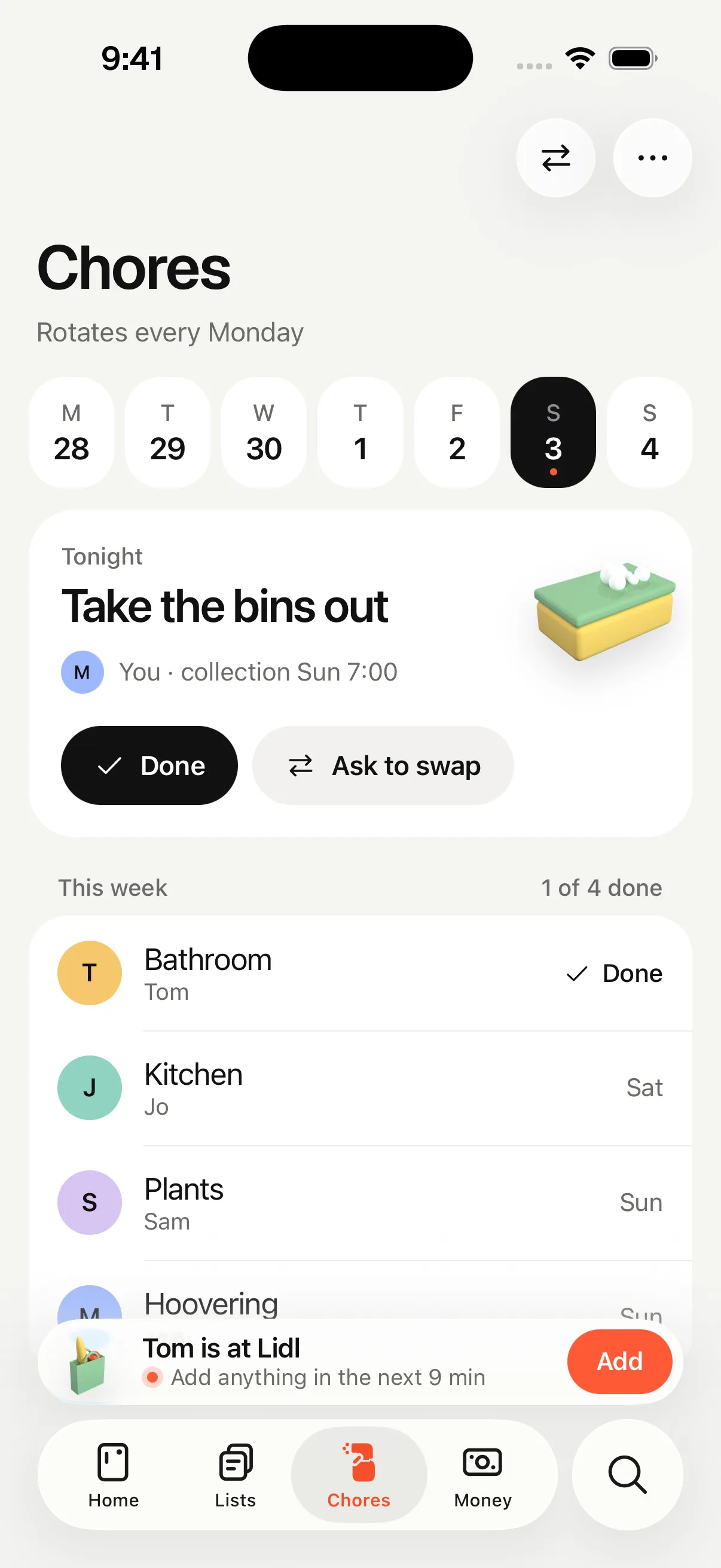 The Chores tab: tonight, take the bins out, with Done and Ask to swap buttons, and this week's rota for Tom, Jo, Sam and you.