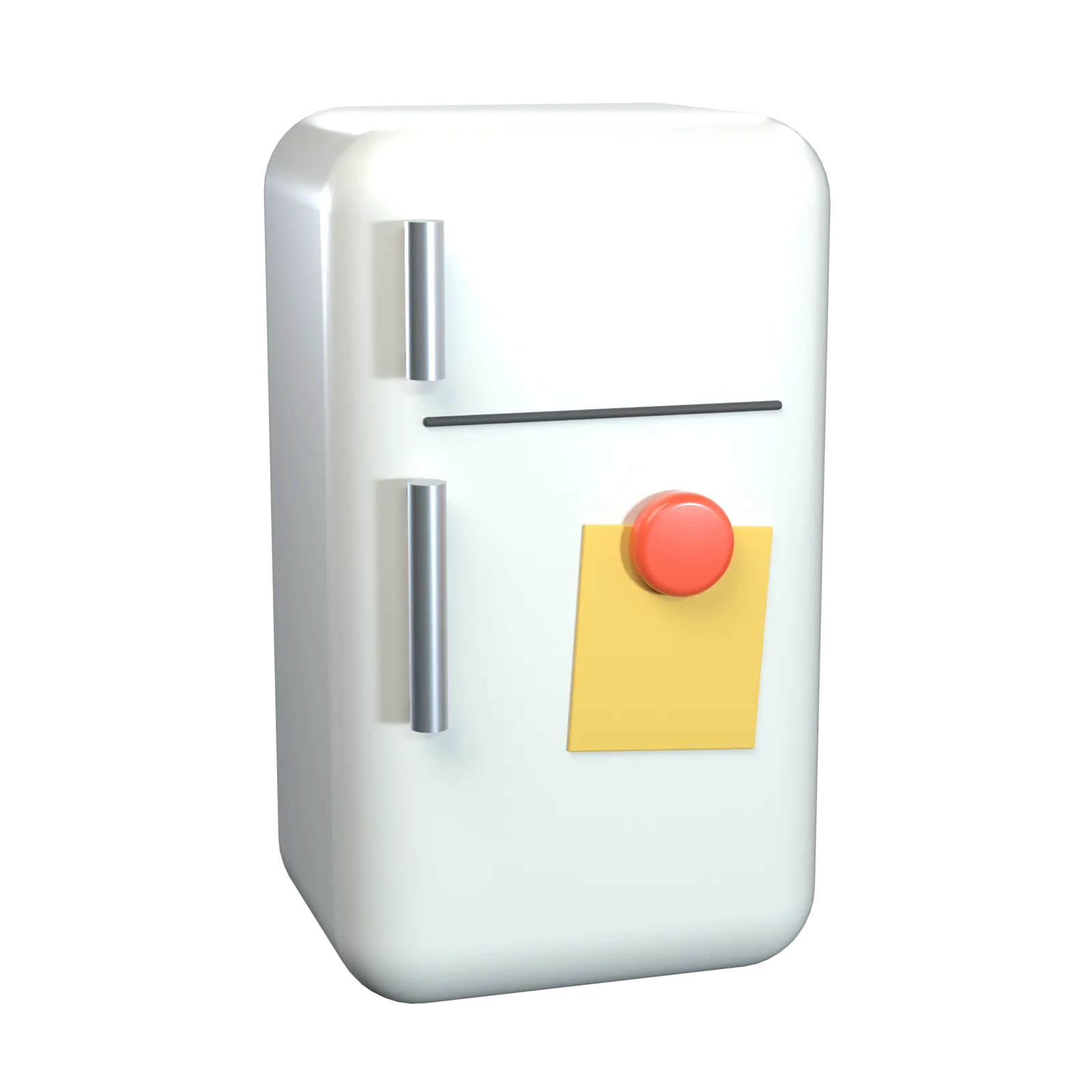 A small white fridge with a yellow note held on by a red magnet.