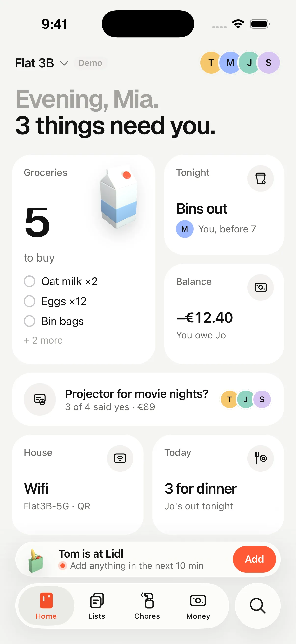 Fridgedoor's Home screen for Flat 3B: five groceries to buy, bins out tonight, a €12.40 balance, a projector vote, the wifi, and Tom at Lidl right now.