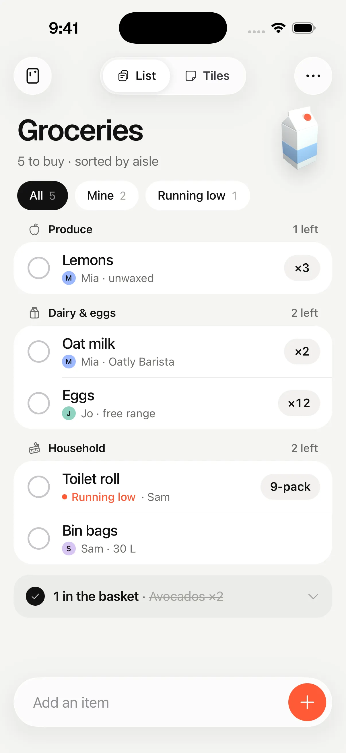 The Groceries list in Fridgedoor: lemons, oat milk, eggs, toilet roll and bin bags, sorted into produce, dairy and household, each showing who added it.
