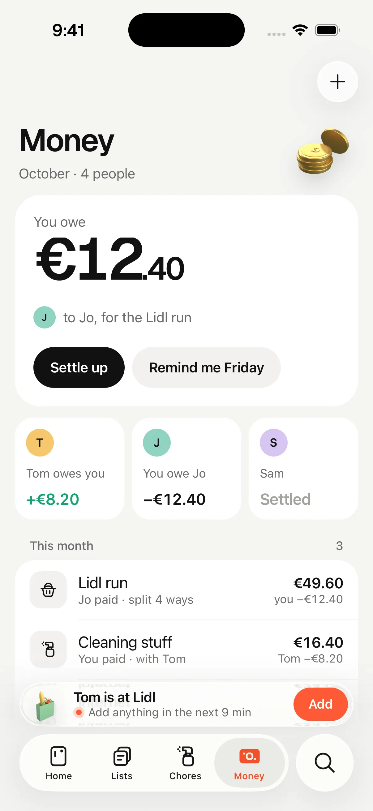 The Money tab: you owe €12.40 to Jo for the Lidl run, Tom owes you €8.20, and Sam is settled.