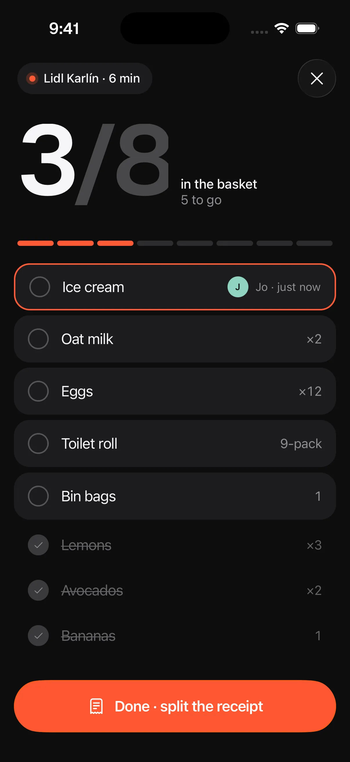 A live store run at Lidl Karlín in dark mode: 3 of 8 in the basket, with ice cream just added by Jo and outlined in orange.