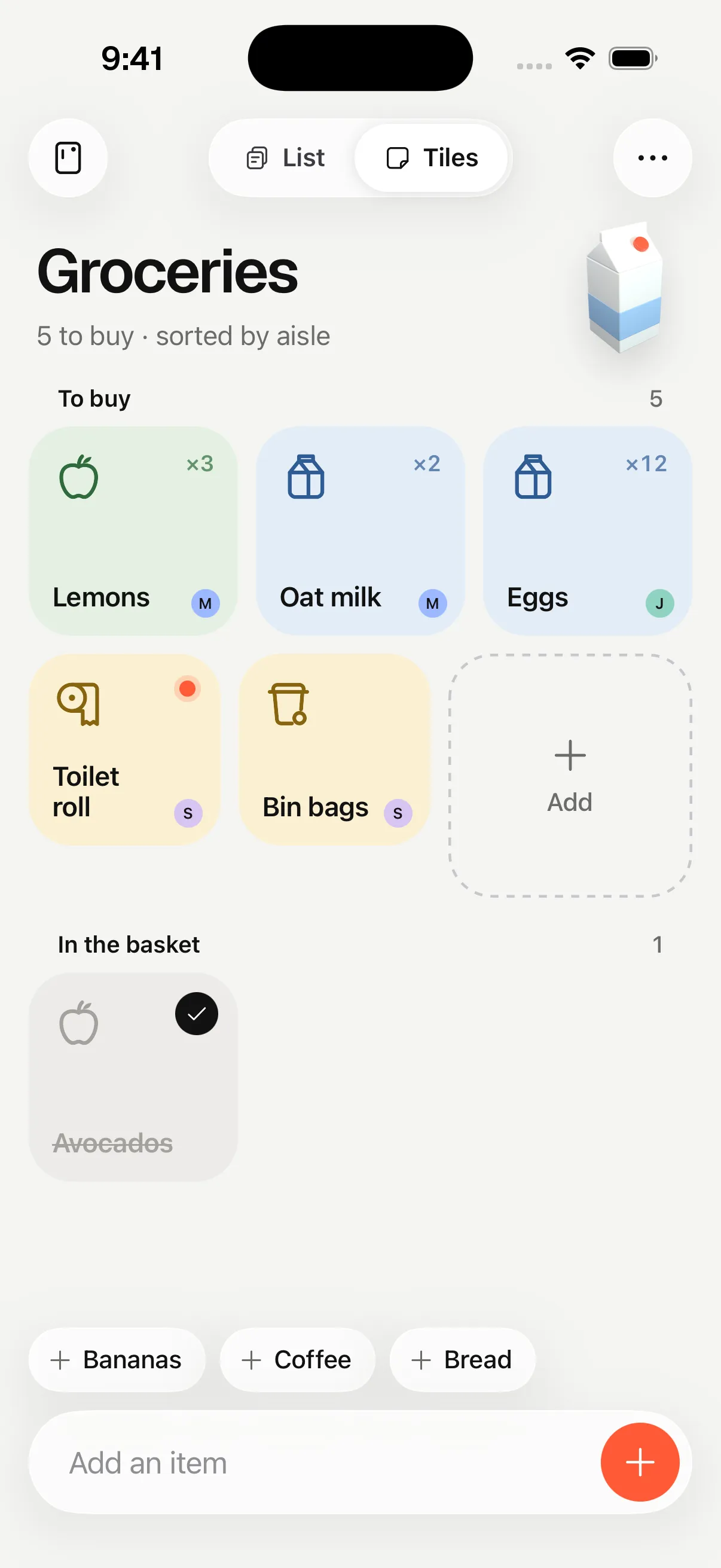Groceries as Tiles: green, blue and yellow squares for lemons, oat milk, eggs, toilet roll and bin bags, with avocados already in the basket.